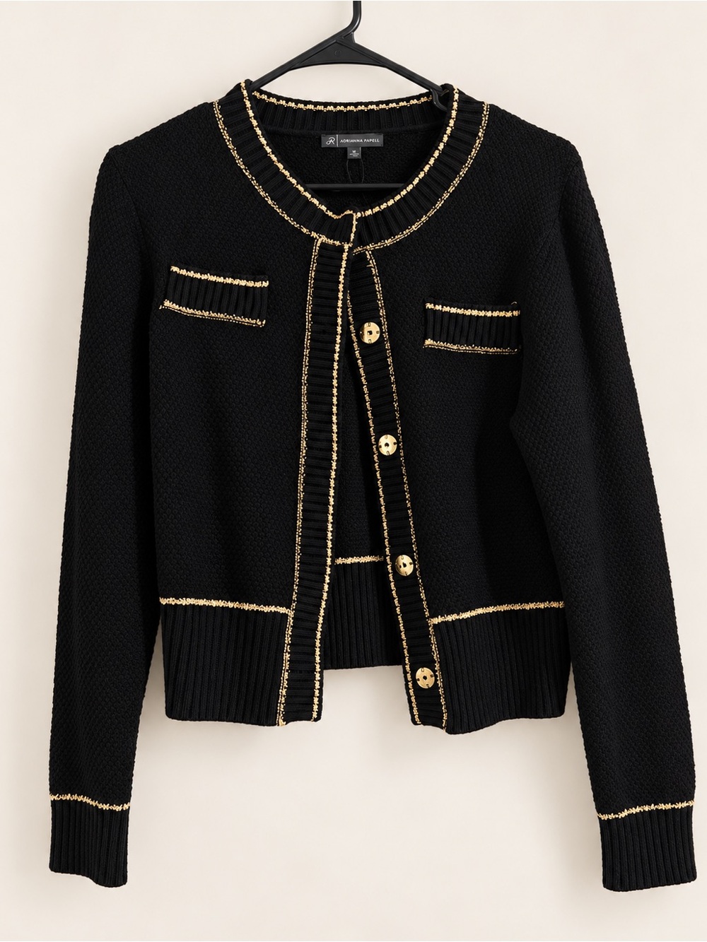 Adrianna Papell Women’s Black Knit Cardigan with Gold Trim size Small